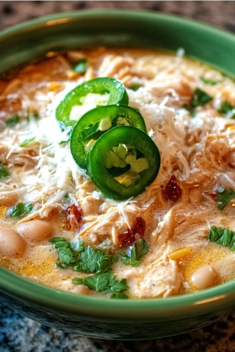 A bowl of creamy crockpot white chicken chili garnished with cilantro.