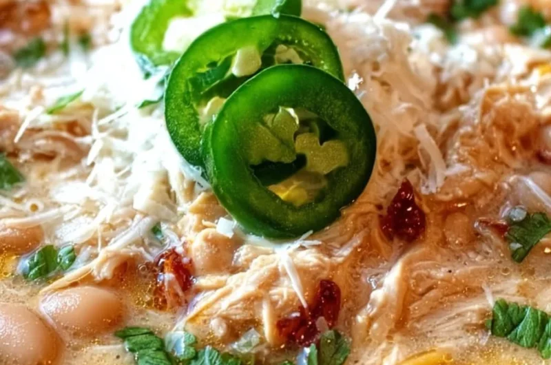 A bowl of creamy crockpot white chicken chili garnished with cilantro.
