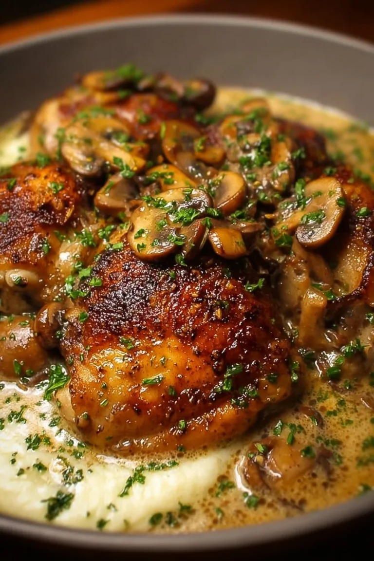 Creamy garlic mushroom chicken thighs served on a plate