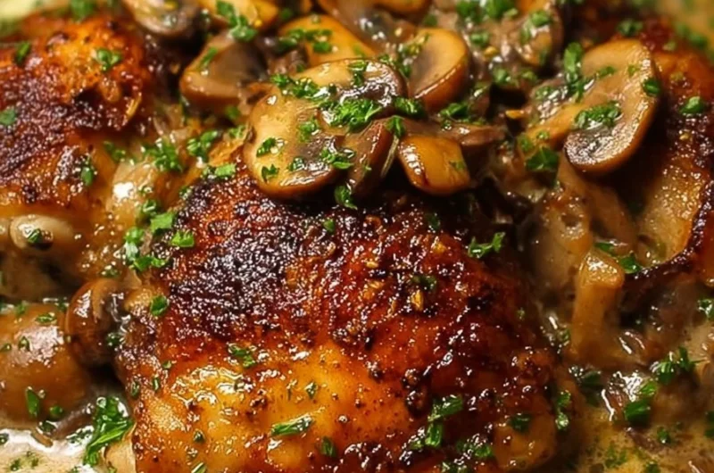Creamy garlic mushroom chicken thighs served on a plate