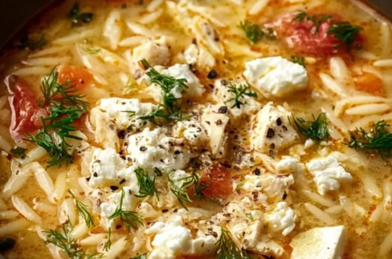 Bowl of creamy Greek Chicken Orzo Soup topped with feta and lemon slices