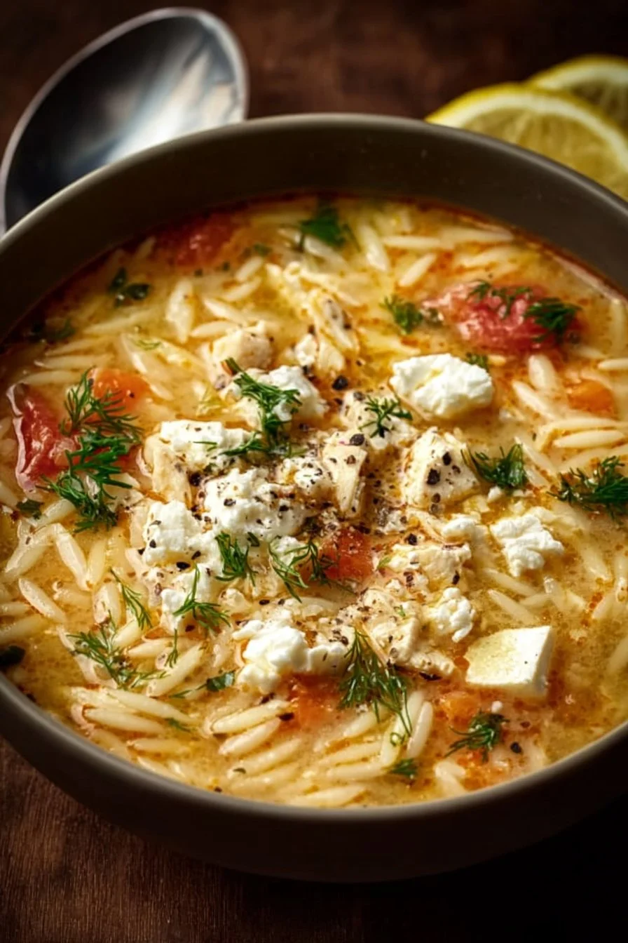 Creamy Greek Chicken Orzo Soup with Feta and Lemon