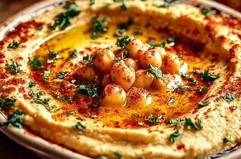 Bowl of creamy homemade hummus served with fresh vegetables and pita bread.