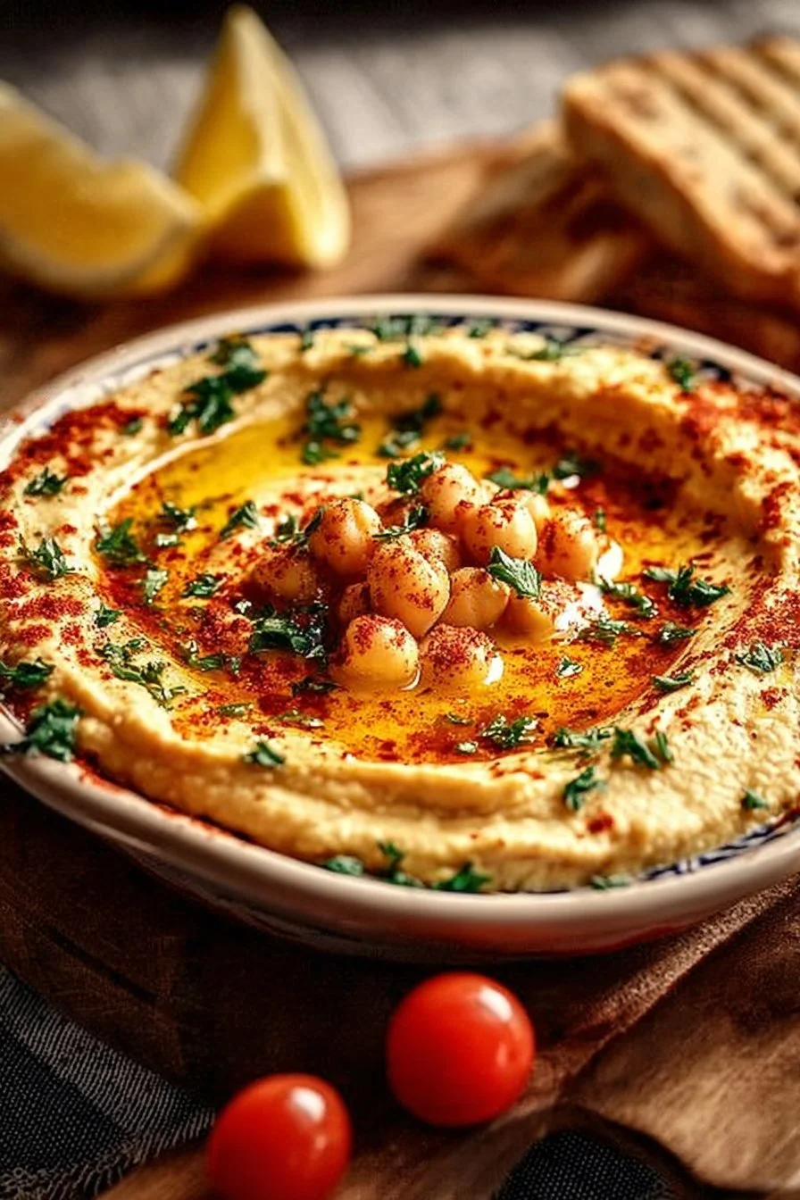 Bowl of creamy homemade hummus served with fresh vegetables and pita bread.