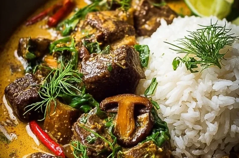 Creamy lemongrass coconut beef curry with mushrooms served in a bowl