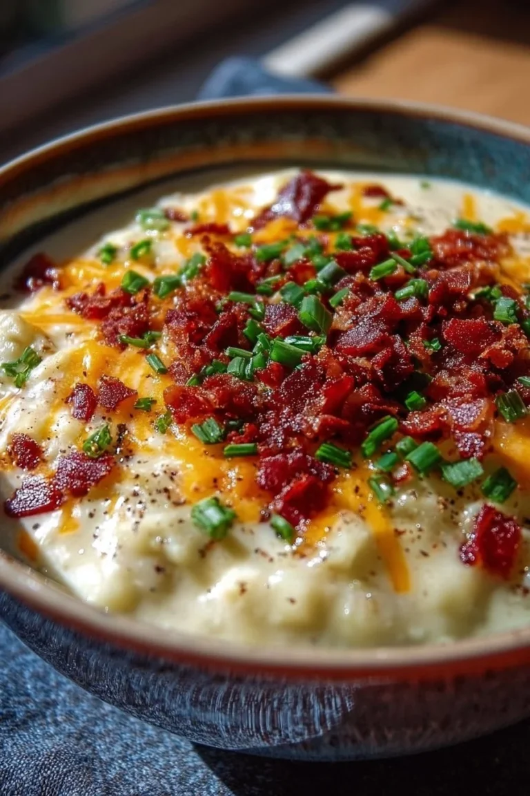 Bowl of creamy loaded potato soup garnished with chives and bacon bits