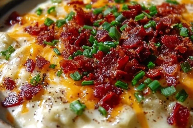 Bowl of creamy loaded potato soup garnished with chives and bacon bits