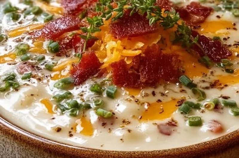 Bowl of creamy loaded potato soup with toppings of cheese and chives