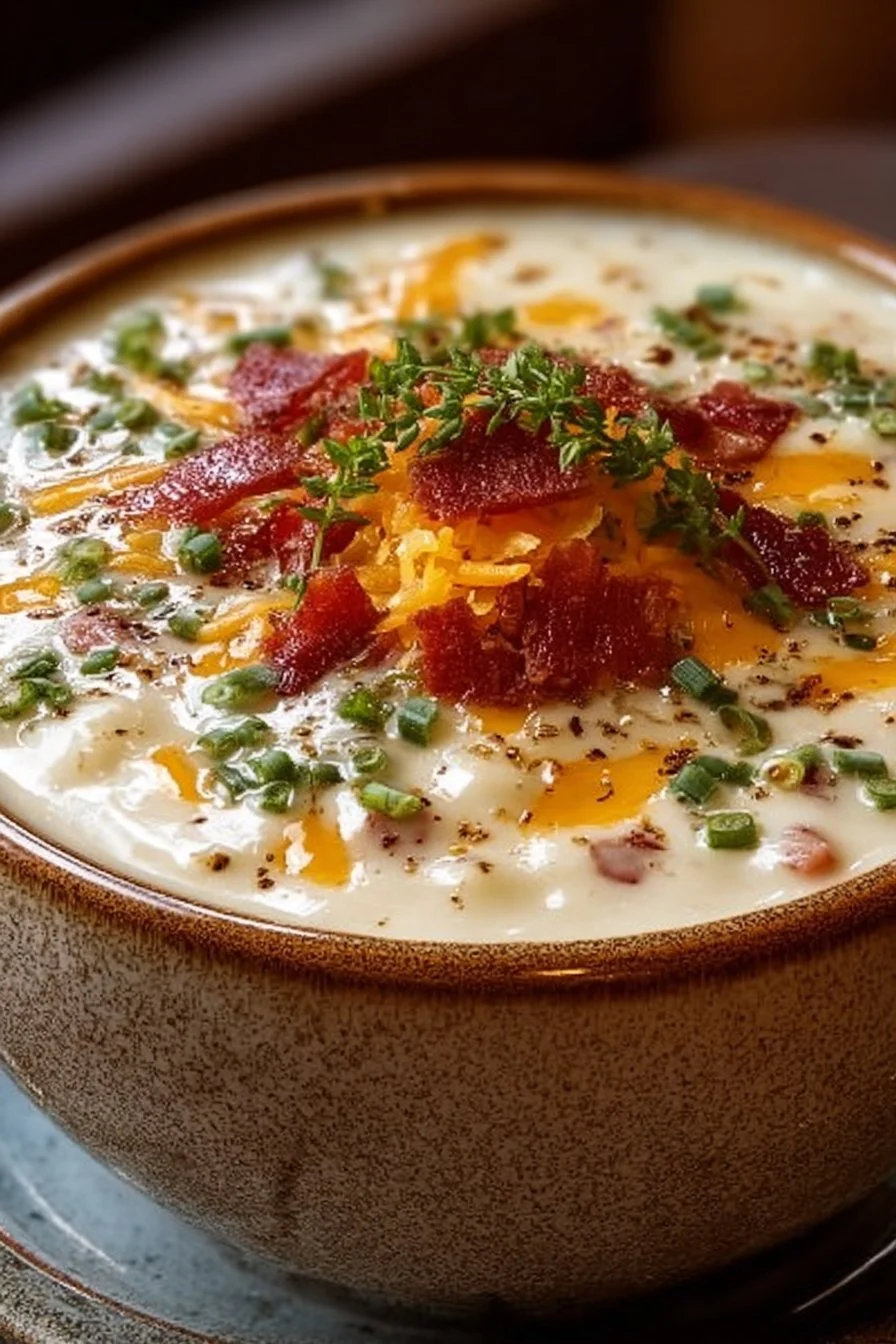 Bowl of creamy loaded potato soup with toppings of cheese and chives