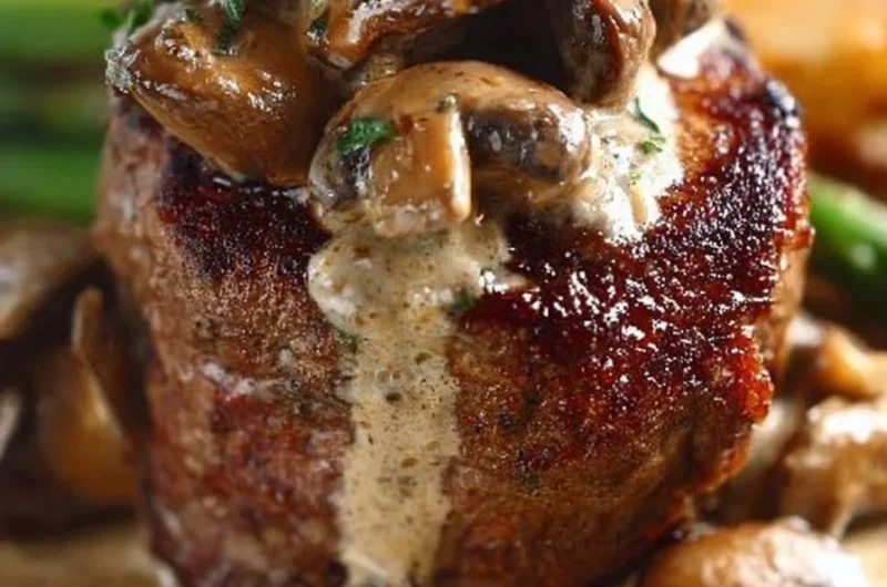 Creamy mushroom filet mignon served on a plate with fresh herbs and sides