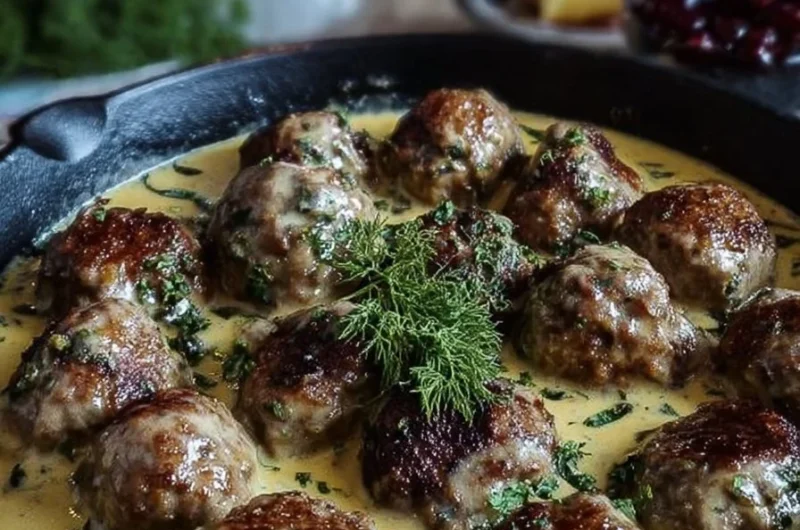 Delicious creamy one-pot Swedish meatballs served with noodles and parsley.
