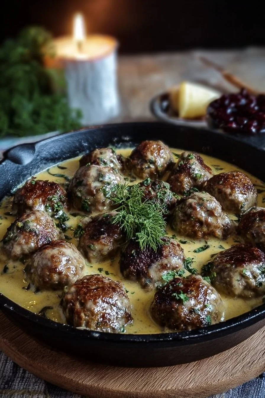 Delicious creamy one-pot Swedish meatballs served with noodles and parsley.