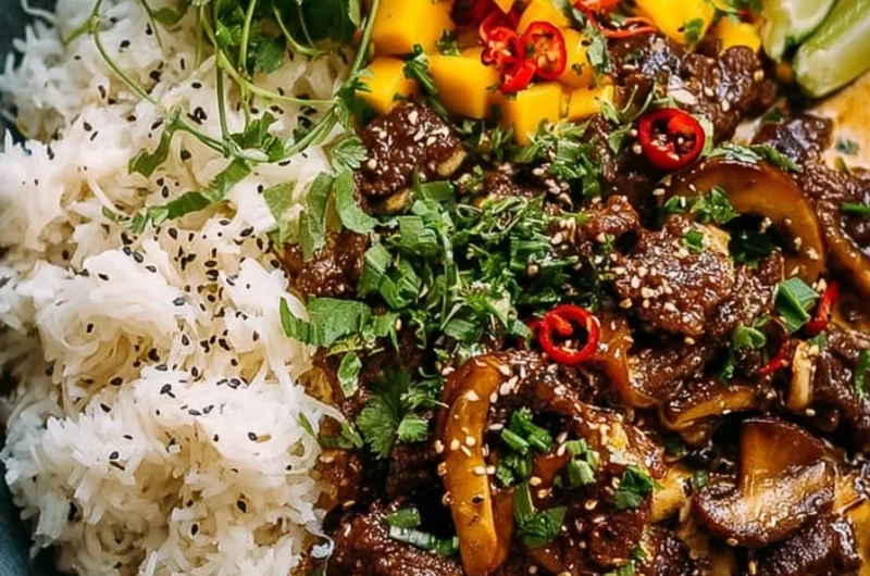 Creamy peanut beef curry with mushrooms and mango salsa served in a bowl
