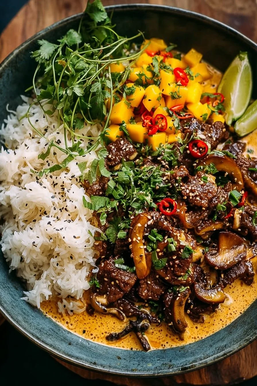 Creamy Peanut Beef Curry with Mushrooms and Bright Mango Salsa