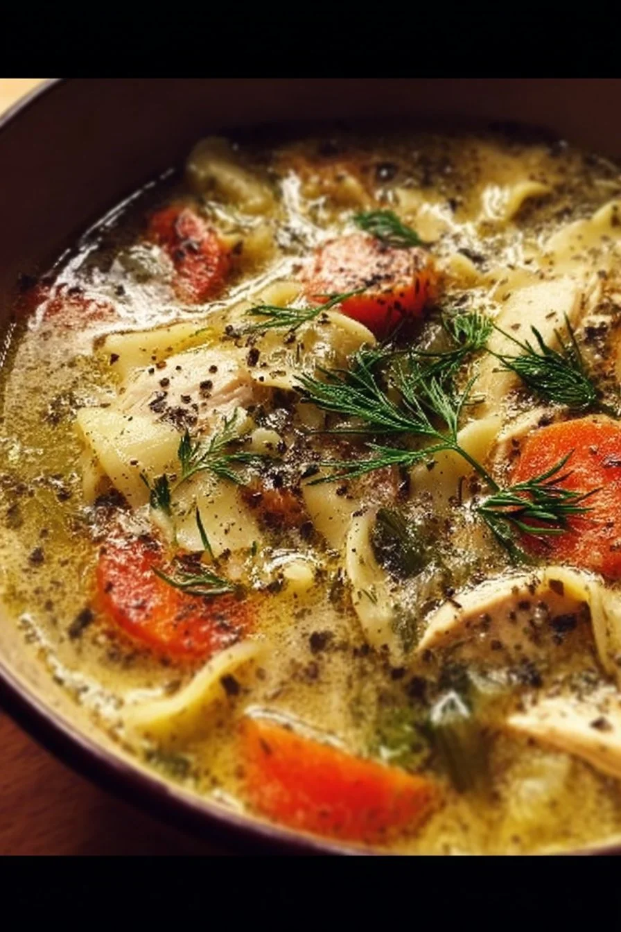 Creamy pesto chicken vegetable soup in a bowl with fresh herbs