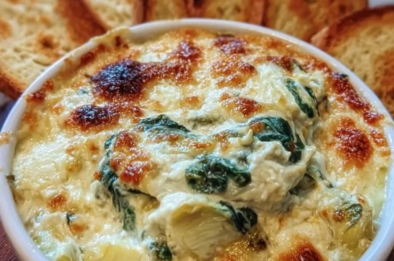 Creamy slow cooker spinach artichoke dip served in a bowl with crackers