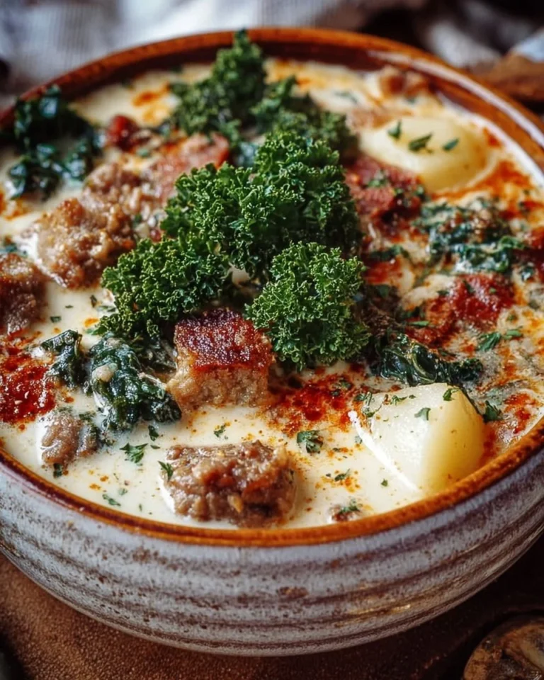 Bowl of creamy slow cooker Tuscan soup with fresh herbs and vegetables