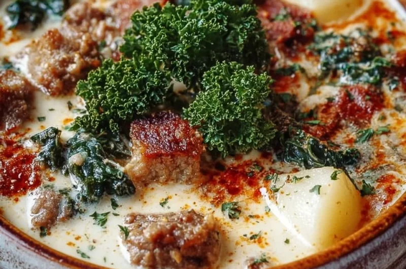 Bowl of creamy slow cooker Tuscan soup with fresh herbs and vegetables
