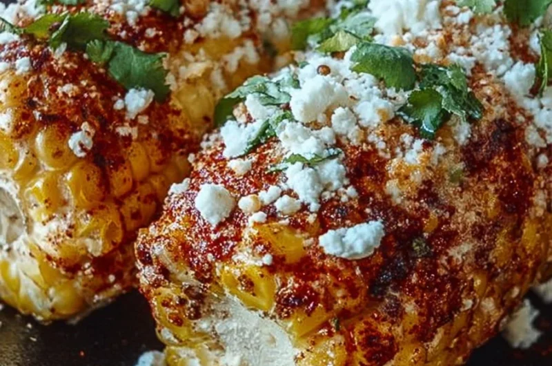 Delicious creamy spicy elote served with toppings, showcasing Mexican street corn flavors.