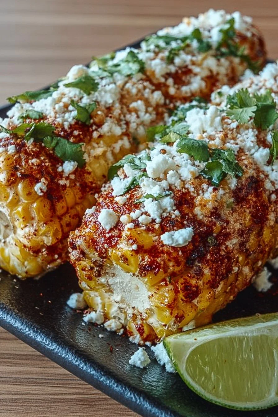 Delicious creamy spicy elote served with toppings, showcasing Mexican street corn flavors.