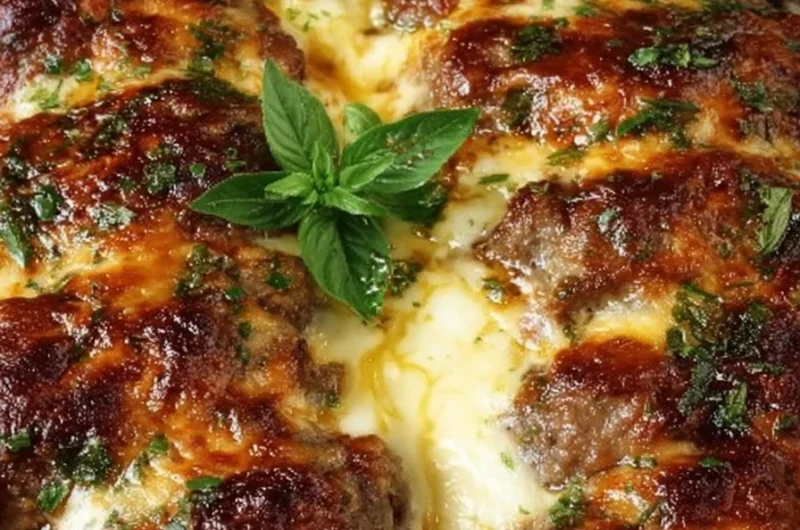 Creamy stuffed Italian sausage bake topped with cheese and herbs
