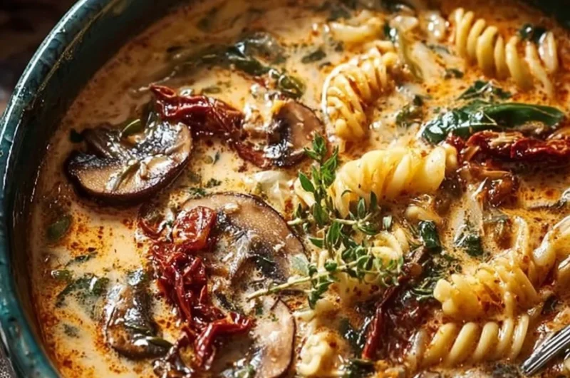 Creamy sun-dried tomato and mushroom pasta soup in a rustic bowl