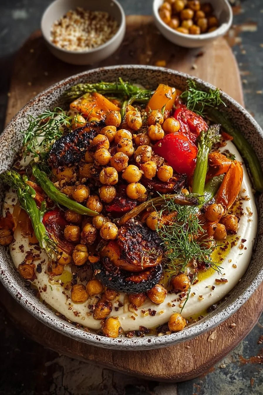 Creamy whipped tofu bowl with roasted vegetables and crispy chickpeas
