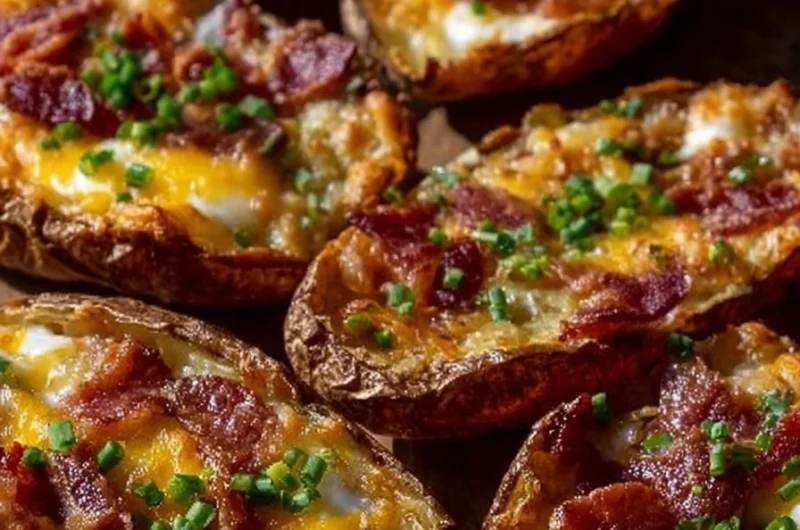 Crispy air fryer loaded potato skins topped with cheese and bacon