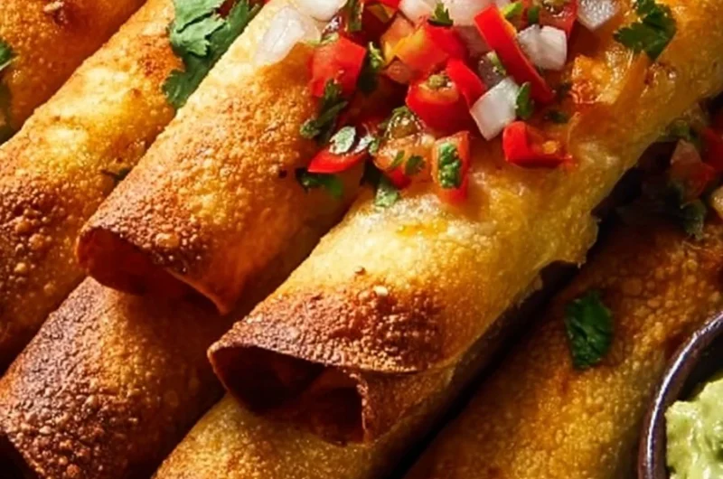 Plate of crispy baked cheese and pepper taquitos served with salsa
