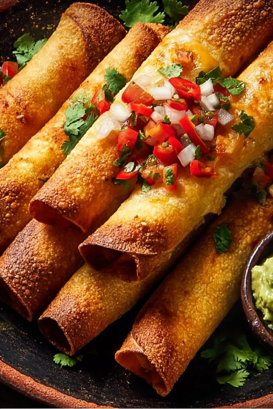 Plate of crispy baked cheese and pepper taquitos served with salsa