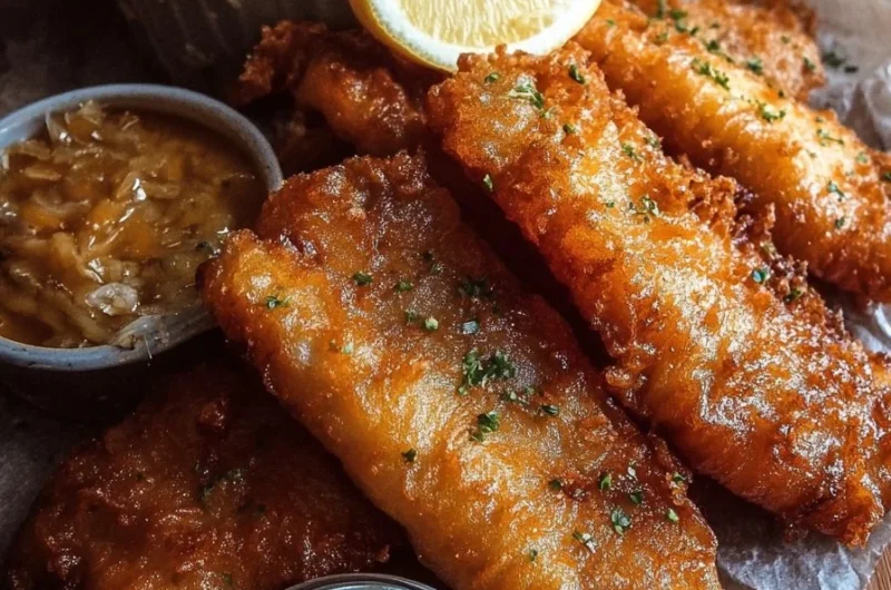 Crispy British fish and chips served with easy creamy tartar sauce