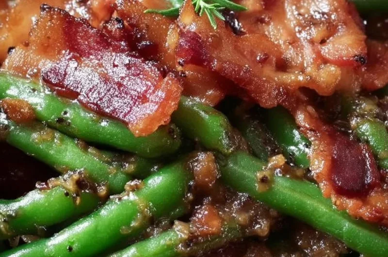 Crispy brown sugar bacon wrapped around fresh green beans