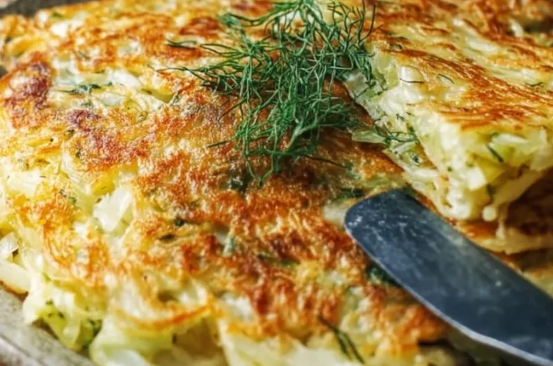 Crispy cabbage pancake served on a plate garnished with herbs
