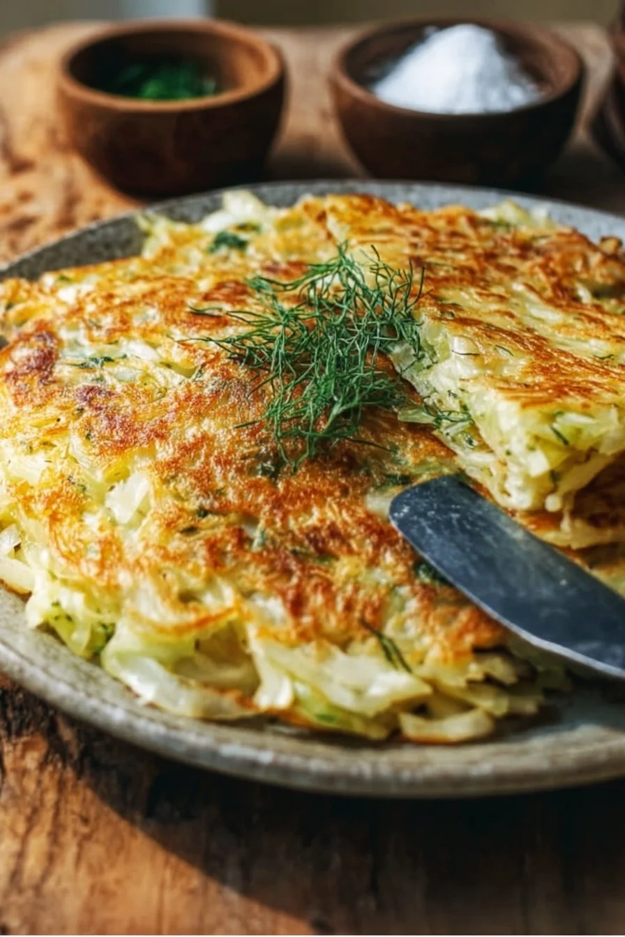 Crispy cabbage pancake served on a plate garnished with herbs