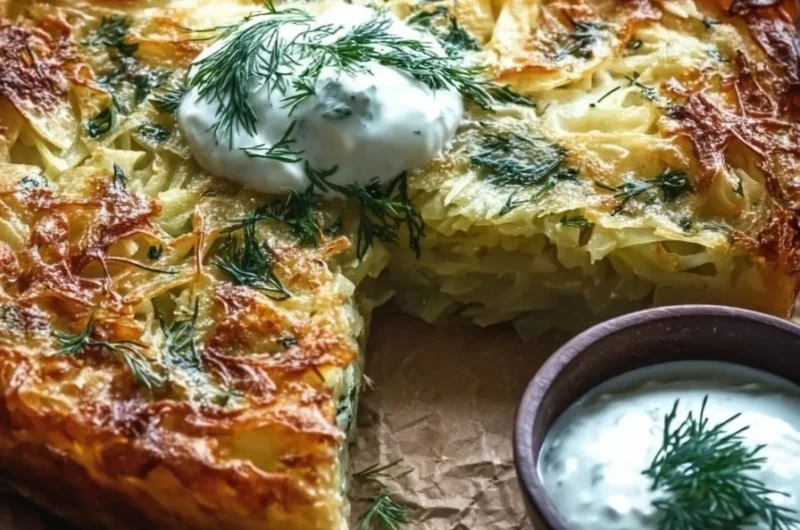 Crispy Cabbage Pie served with Dill Cream Sauce on a plate