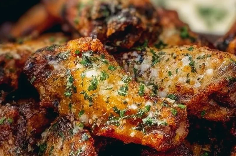 Crispy garlic parmesan air fryer chicken wings served on a plate.