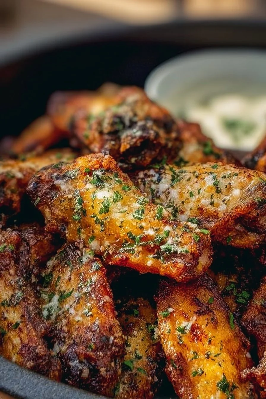Crispy garlic parmesan air fryer chicken wings served on a plate.