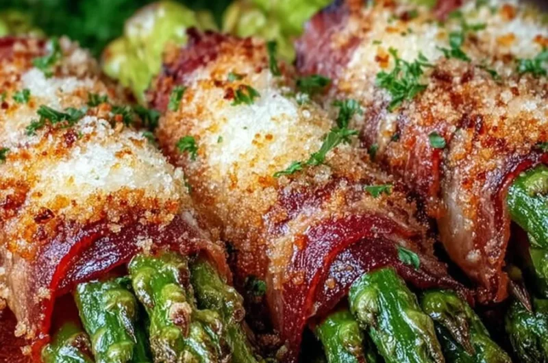 Crispy garlic parmesan asparagus bundles on a plate