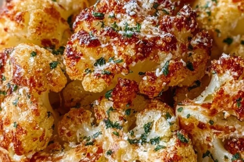 Crispy healthy air fryer garlic parmesan cauliflower in a bowl ready to serve.