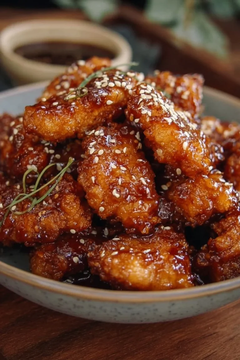 Crispy honey sesame chicken garnished with sesame seeds and green onions