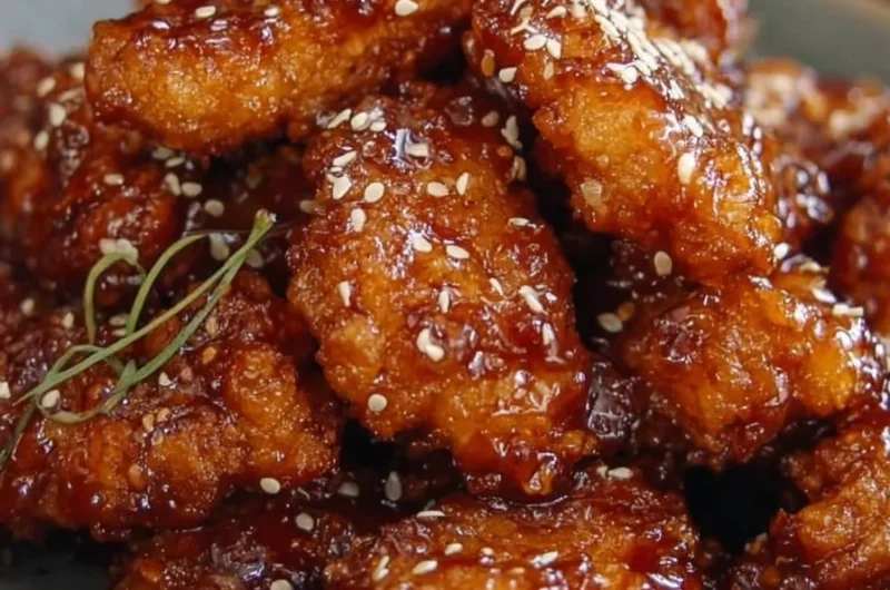 Crispy honey sesame chicken garnished with sesame seeds and green onions