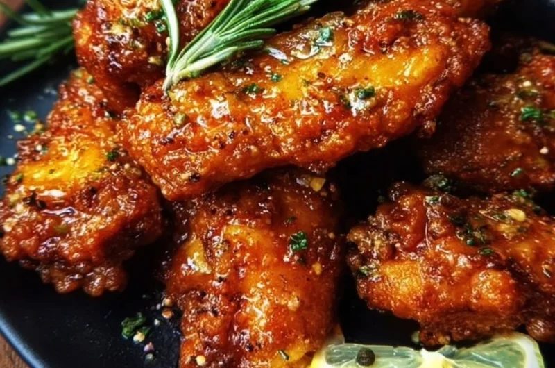 Crispy lemon pepper wet chicken wings garnished with fresh herbs