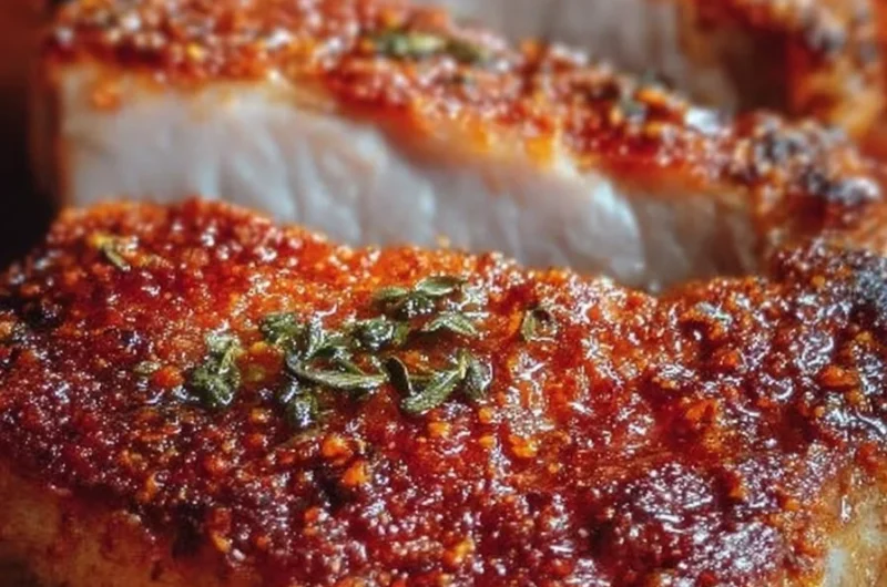 Crispy oven-baked pork chops served on a plate with herbs.