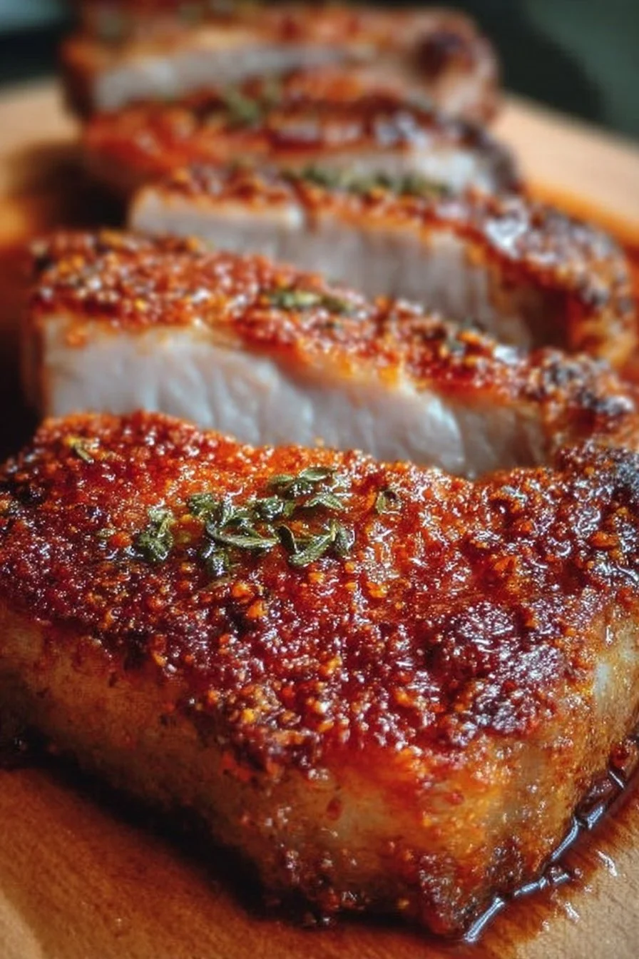 Crispy oven-baked pork chops served on a plate with herbs.