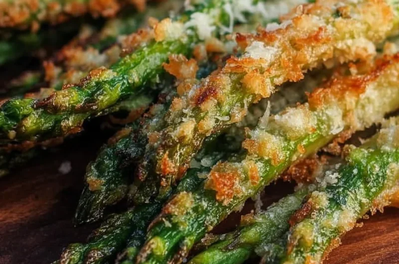 Crispy parmesan asparagus spears on a plate garnished with herbs