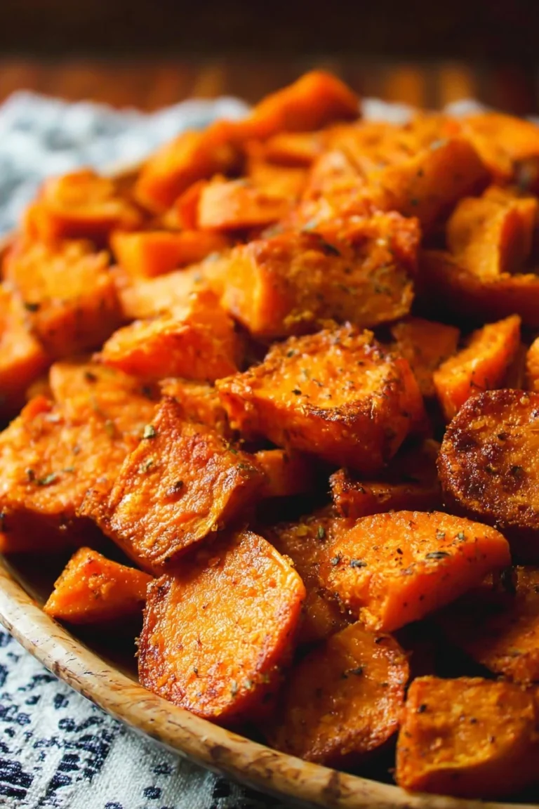 Bowl of crispy roasted sweet potatoes garnished with herbs