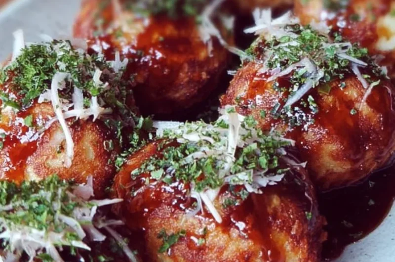 Crispy takoyaki octopus balls served with sauce and bonito flakes