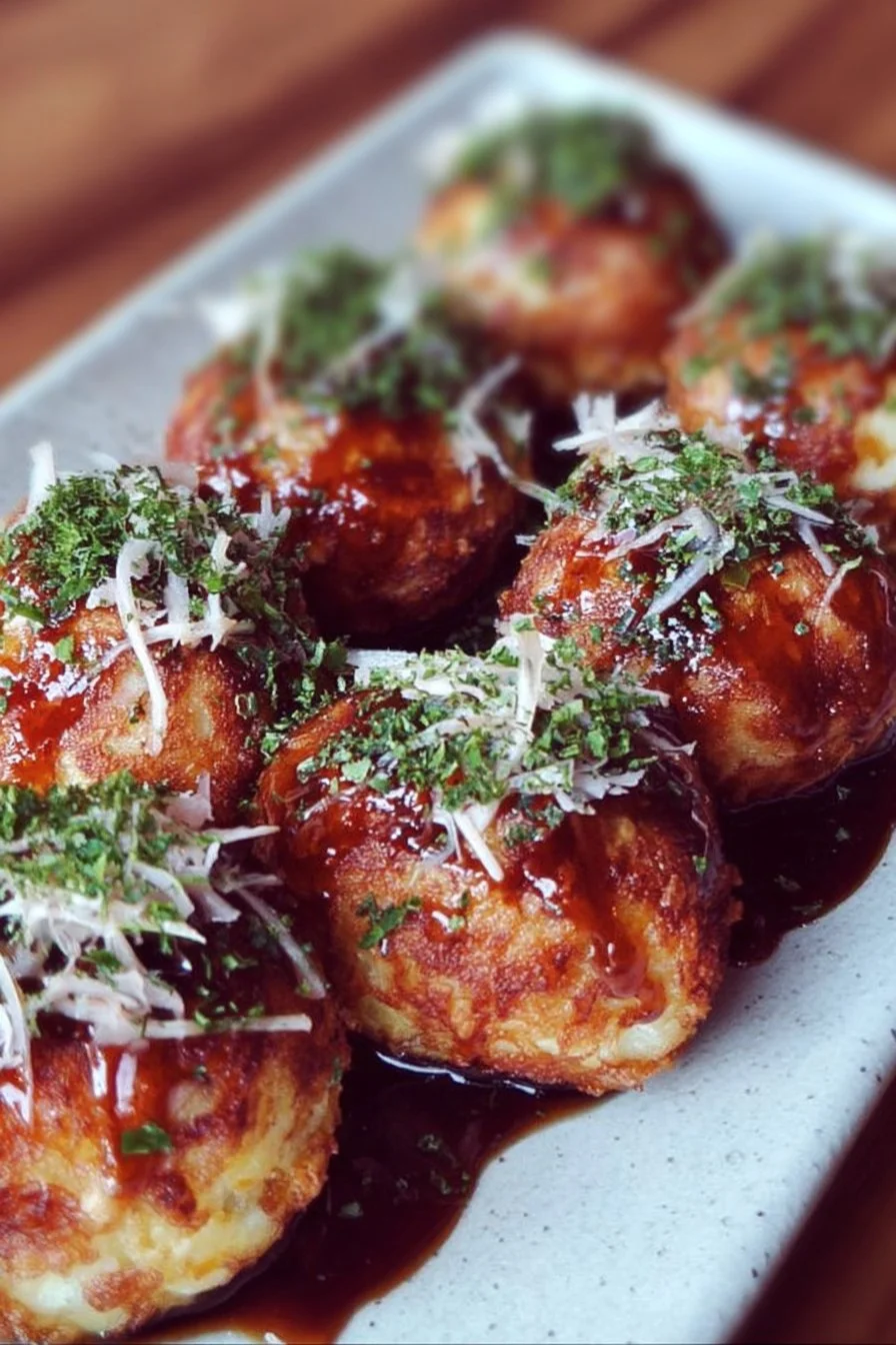 Crispy takoyaki octopus balls served with sauce and bonito flakes