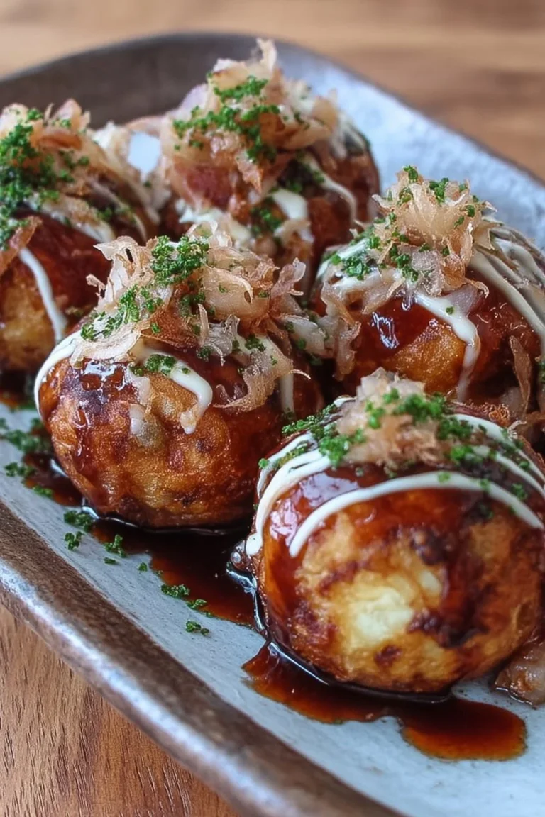 Crispy Takoyaki octopus balls served with sauce and toppings