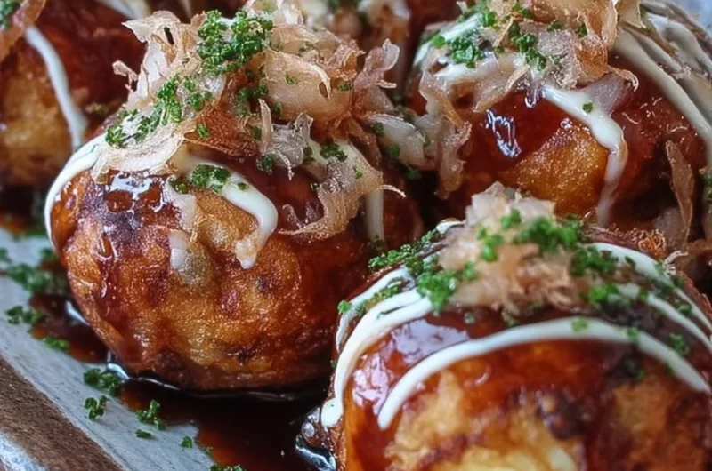 Crispy Takoyaki octopus balls served with sauce and toppings